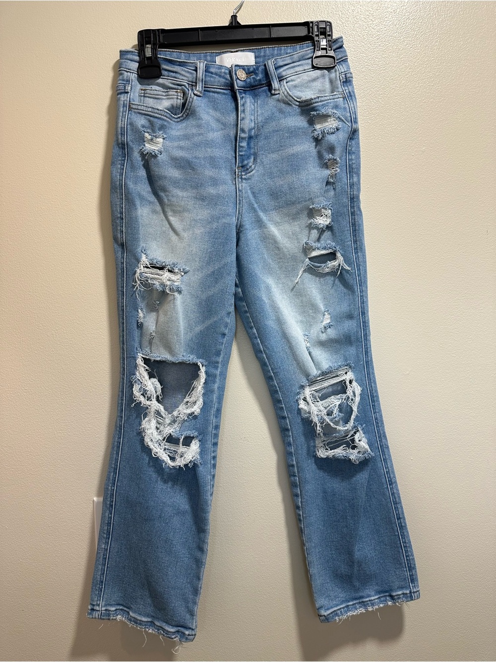 VERVET Women’s High Rise Crop Straight/Kick Flare Stretch Distressed Jeans